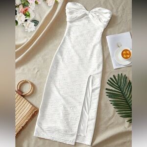 White Textured Midi Dress with Side Slit